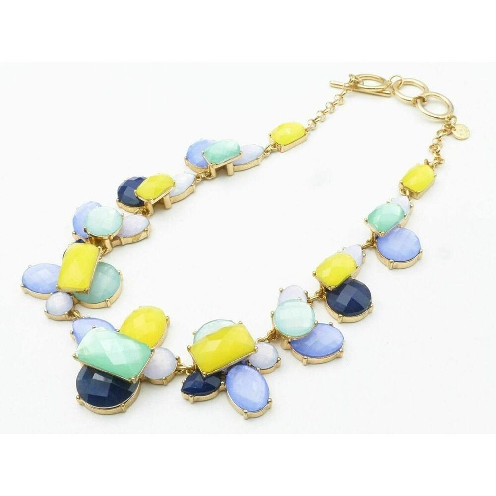 TALBOTS Statement Necklace Yellow Blue Green Beaded Gold-Tone Chain